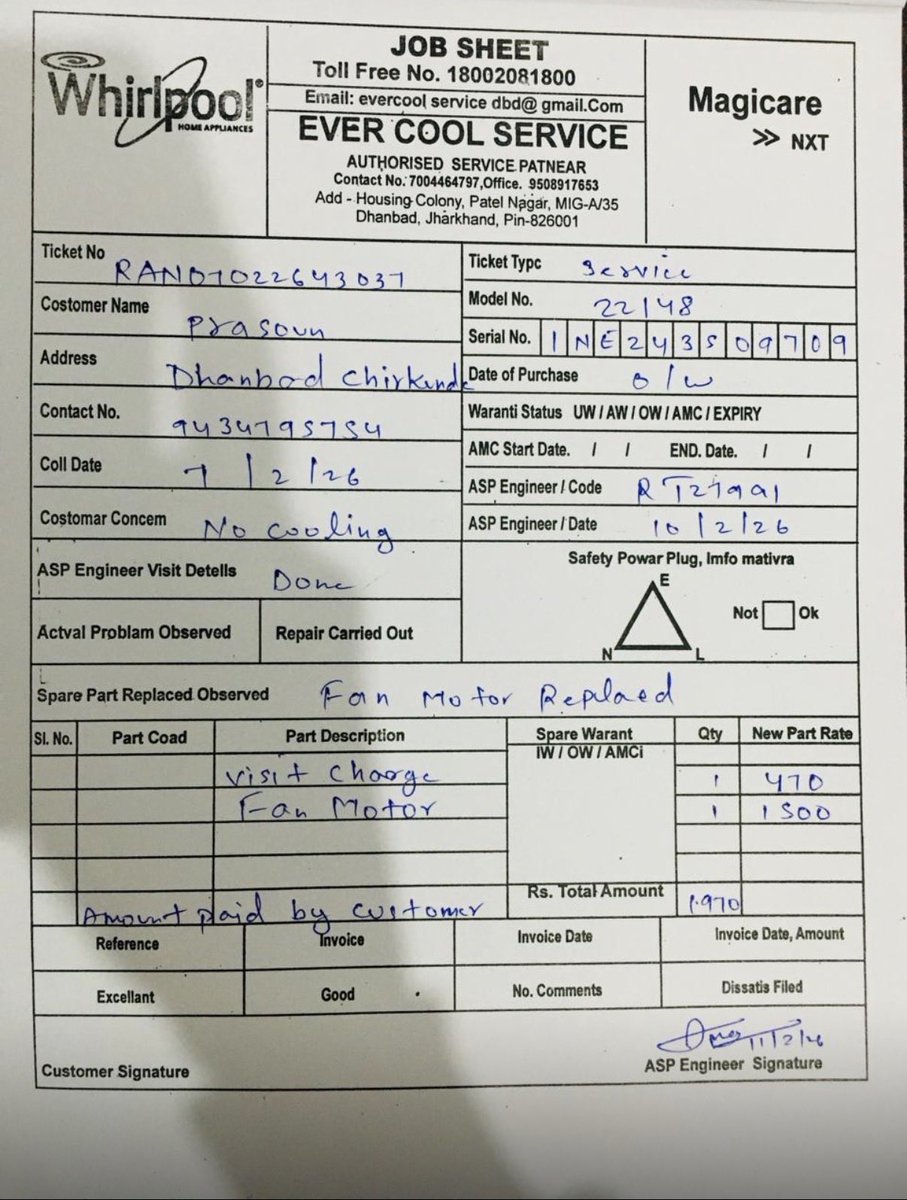 Prasun_ECL's tweet photo. @Whirlpool_India Your service representative collected ₹1970 from me but refused to provide a GST invoice. Today I received a bill on WhatsApp it’s not computer-generated and has no GST details.Please verify this service partner @jagograhakjago @DoCA_GoI https://t.co/S6hbSeBzZx