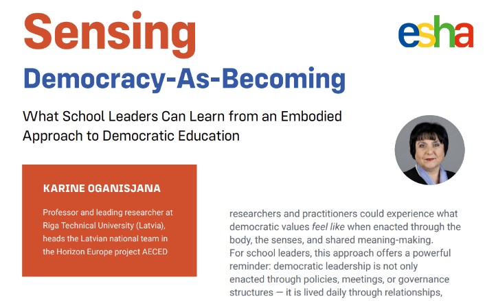 Big moment for the AECED project 🎉
Karine Oganisjana’s article on “Sensing Democracy-as-Becoming” is now published in ESHA Headlight magazine!

#AECED #Education4Democracy #SchoolLeadership