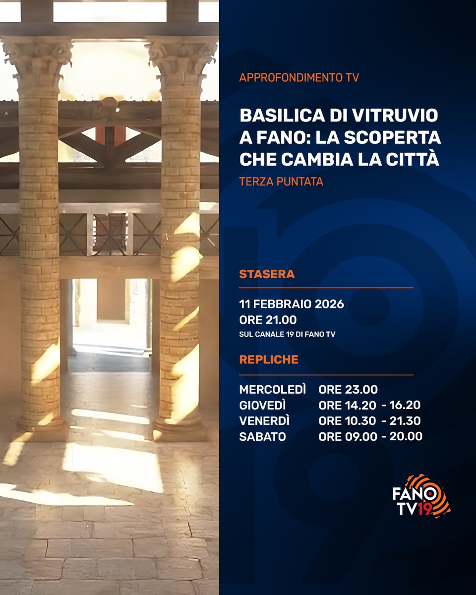 📺 Questa sera, mercoledì 11 febbraio, alle ore 21.00 circa, trasmetteremo il terzo approfondimento dedicato alla scoperta della Basilica di Vitruvio.
Appuntamento sul canale 19 di FanoTV, visibile in tutta la Regione Marche. #fanotv
