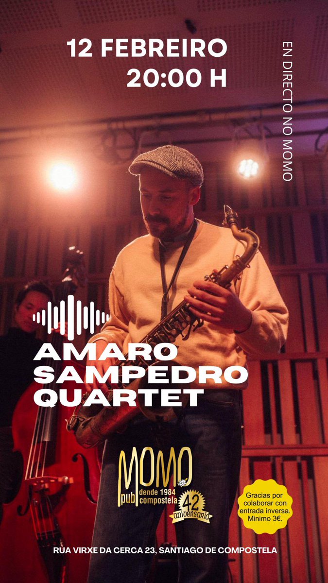 Amaro Sampedro Quartet o xoves 12 de febreiro en directo no Momo.

#santiagodecompostela
#musicaenvivo 
#musicaendirecto