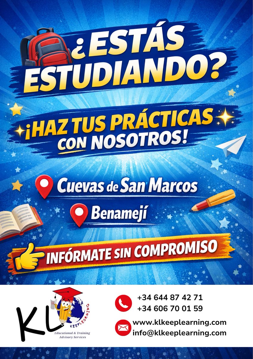 KLKEEPLEARNING's tweet photo. ✨📚 ¿Estás estudiando y quieres hacer las prácticas en Cuevas de San Marcos o Benamejí?

👉 Ponte en contacto con nosotros e infórmate sin compromiso 🚀 https://t.co/6X8ayVbZ9M