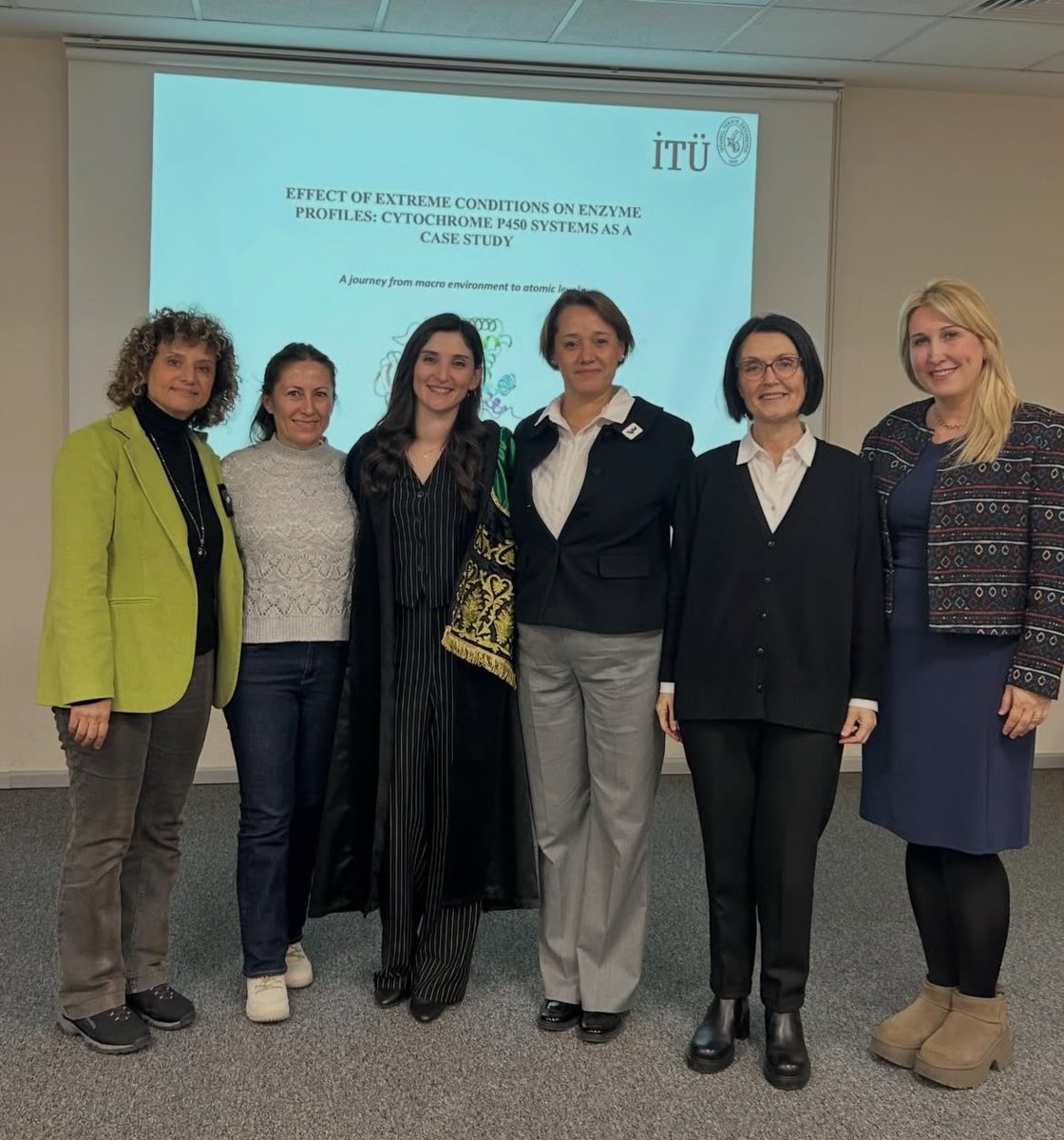 itumbg's tweet photo. 🎓 Tebrikler! 
Bölümümüz Araştırma Görevlisi Hande Mumcu, Prof. Dr. Nevin Gül Karagüler danışmanlığında yürüttüğü "Effect of extreme conditions on enzyme profiles: cytochrome P450 systems as a case study" başlıklı doktora tezini başarıyla sunmuştur. https://t.co/Q4zQrT0Lg9