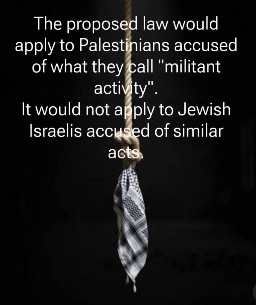 KNEECAPCEOL's tweet image. Israel is preparing a brutal apartheid law.

Violent fanatical "settlers" who attack Palestinian homes do so with impunity.

If Palestinians "resist" these attacks, they'll be hung within 90 days.

Legalising slaughter. 

Take Action every way you can and support the legal right…