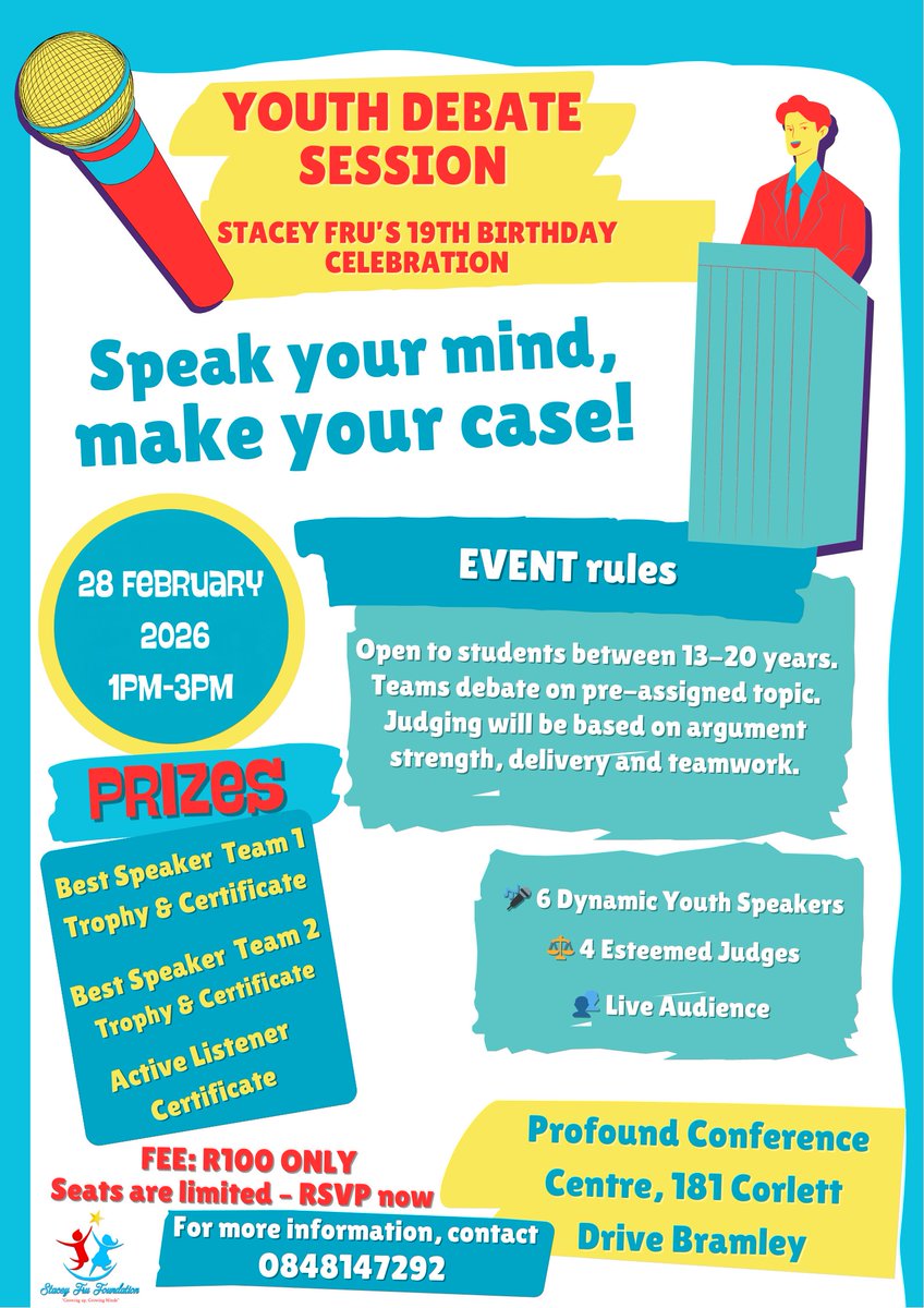 Only 2 weeks to go until the Youth Debate Session for my 19th Birthday Celebration. Seats are limited. RSVP now and don’t miss out.
28 February 2026
1PM–3PM
Profound Conference Centre, Bramley

#StaceyFruFoundation
#YouthDebate