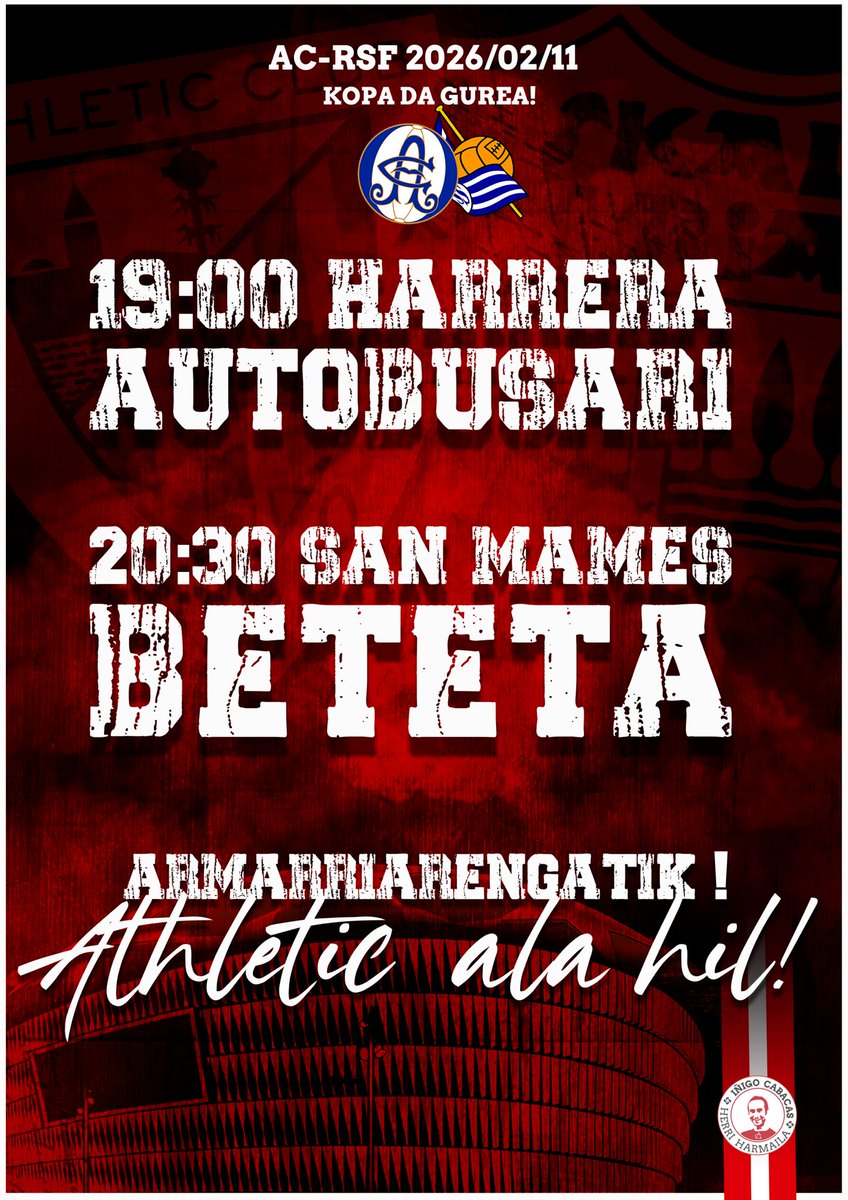 Beste final bat nahi dugu! 

📍19:00etan harrera autobusari.

20:30etan San Mames osoa beteta! 

Zurigorriak, hau da San Mames!