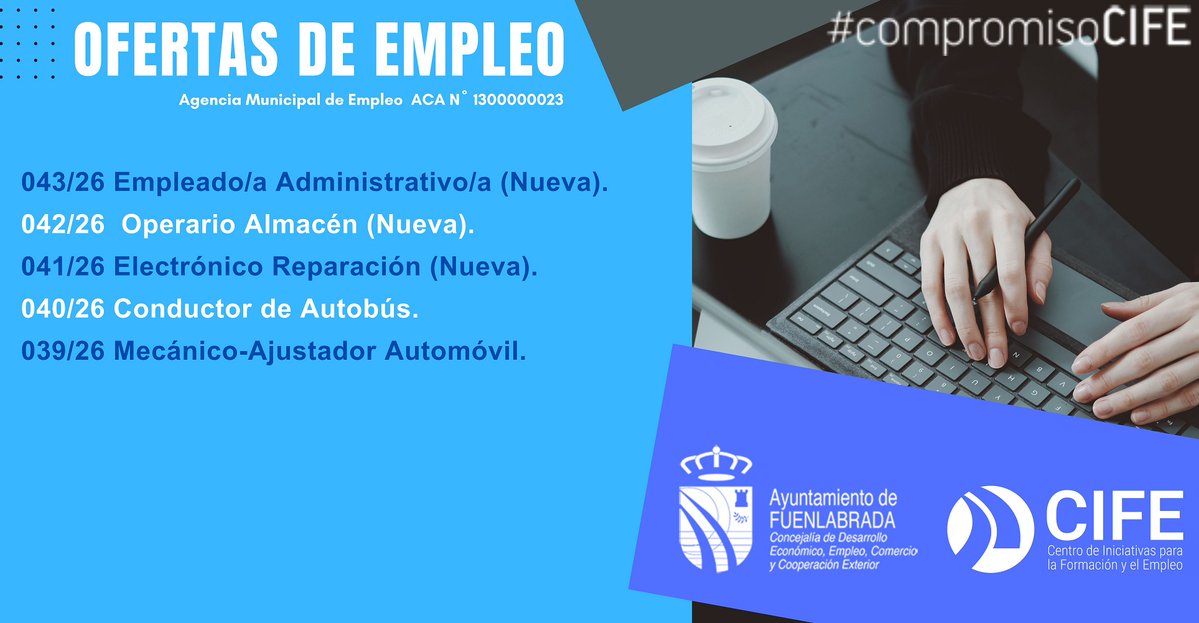 🎯 OFERTAS DE EMPLEO DESTACADAS – FUENLABRADA   Actualizado: 11 febrero 2026  #OfertasEmpleo que tenemos en estos momentos en #CIFE del #AyuntamientoFuenlabrada.    
Puedes acceder a la información de cada puesto aquí👇 cife.ayto-fuenlabrada.es/OfertasListado/