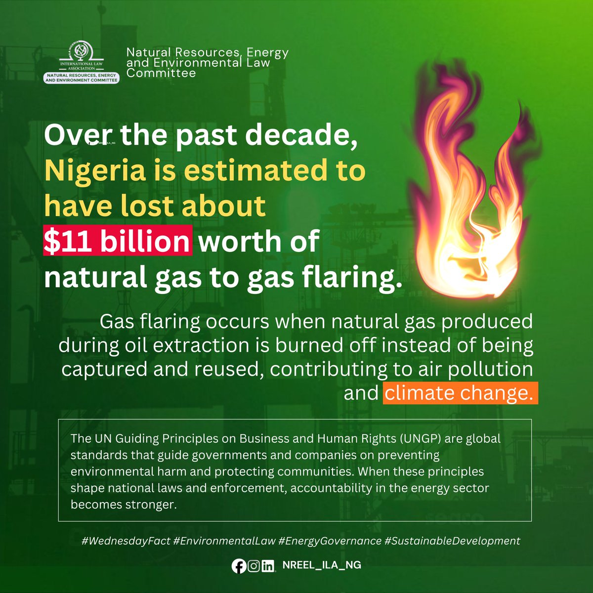Nreelilang's tweet photo. Wednesday fact:

Over the past decade, Nigeria is estimated to have lost about $11 billion worth of natural gas to gas flaring.

#WednesdayFact #EnvironmentalLaw #EnergyGovernance #SustainableDevelopment https://t.co/FzKzo6y7dV