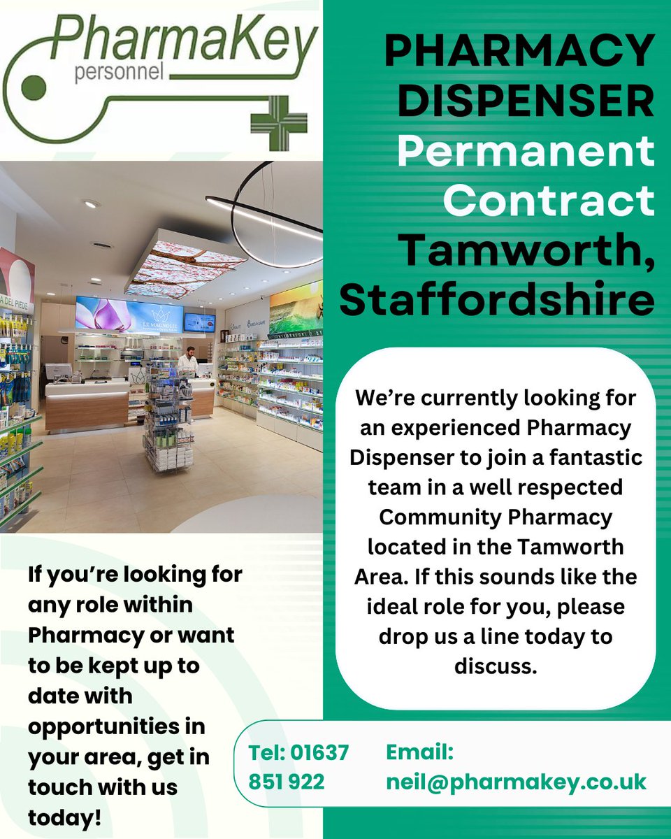 NEW JOB ALERT! We've a great new opportunity for a Pharmacy Dispenser in Tamworth, Staffordshire. Please get in touch asap if of interest to you or please do share if you know anyone it may suit! Thanks!

#pharmacyjobs #pharmacydispenser #dispenser #tamworth #staffs #pharmacy