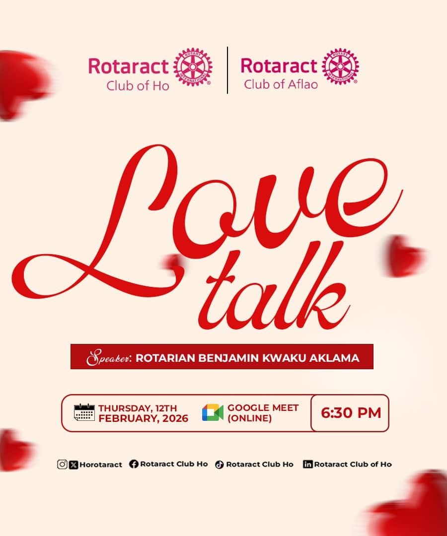 Love Talk ❤️

Join Rotaract Ho &amp; Aflao for an engaging session with Rtn. Benjamin Kwaku Aklama.

📅 Feb 12 | ⏰ 6:30PM
💻 Online (Google Meet)

#LoveTalk #RotaractHo #RotaractAflao