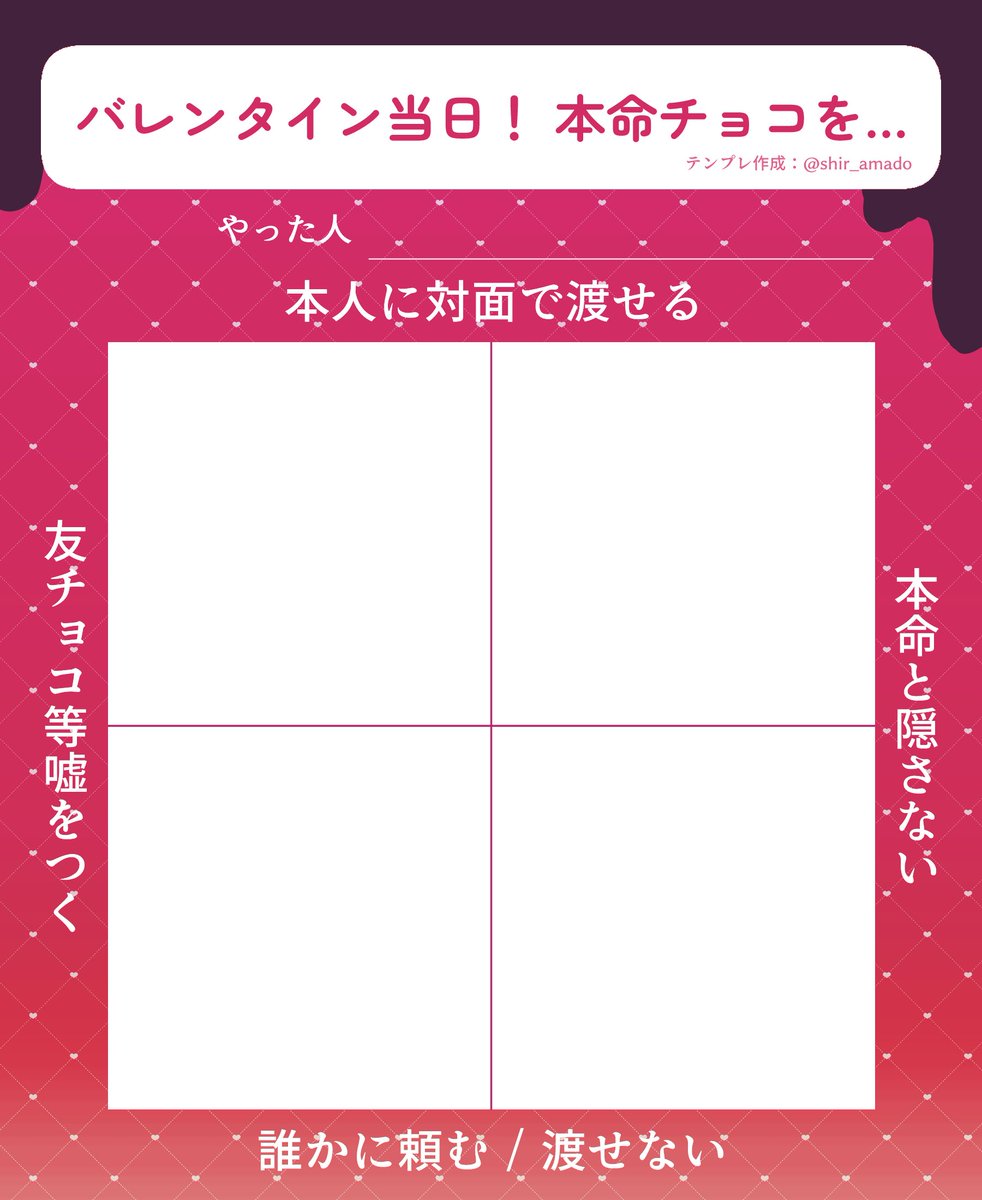 shir_amado's tweet photo. バレンタインにさあ‼️よその子が素直にチョコを渡せるかどうかが聞きたいねんな　これって死ネタの場合強制的に下の配置になるんですかね？
フリー素材です
 #創作テンプレ #創作テンプレート https://t.co/RBYsVKx33R