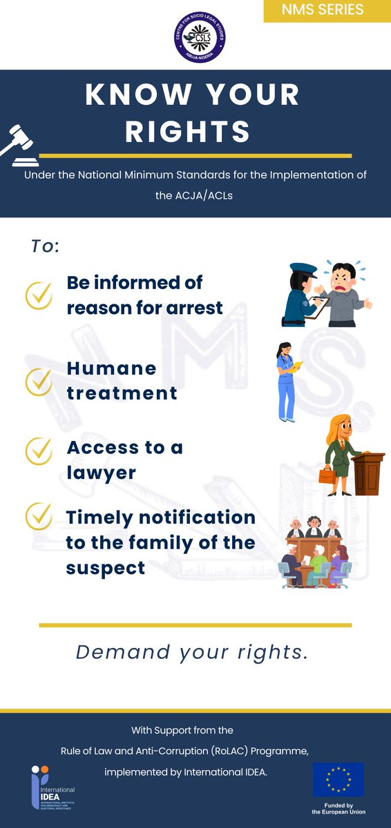csls_ng's tweet photo. Respecting these rights strengthens accountability and protects the rule of law.

Demand your rights. Protect justice.

This initiative is supported by the Rule of Law and Anti-Corruption (RoLAC), implemented by International IDEA.
 
#EUinNigeria #CSLS #RoLACII #RoLAC2 #IDEANg https://t.co/rwB8LORDX7