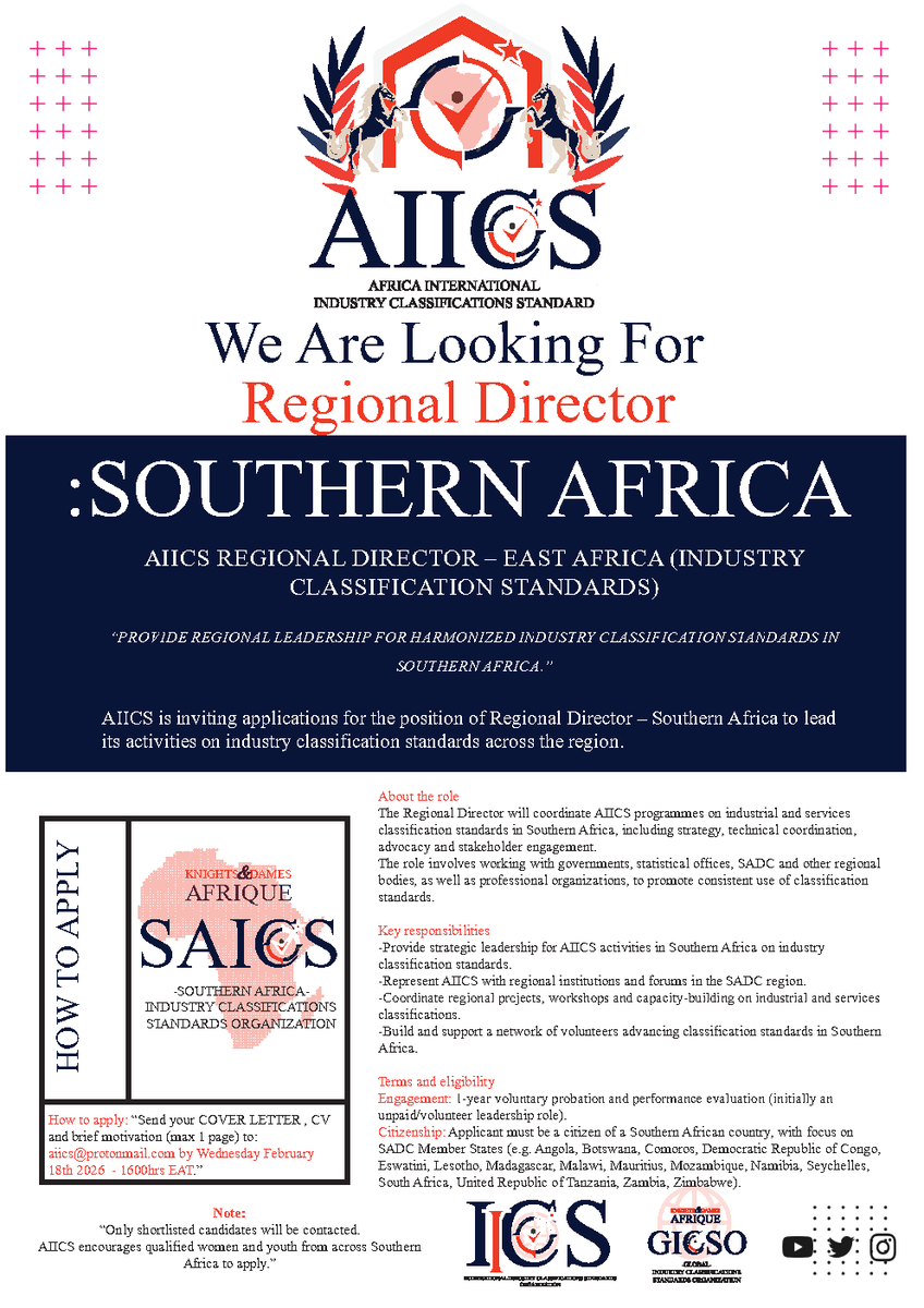 aiicsorg's tweet photo. AIICS is recruiting a Regional Director – Southern Africa (voluntary, 1‑year probation) to lead work on industry classification standards with SADC partners.  Send CV + 1‑page motivation to aiics@protonmail.com #SouthernAfrica #SADC #CitizenExplainer #UDAElections https://t.co/eFHdaorLmn