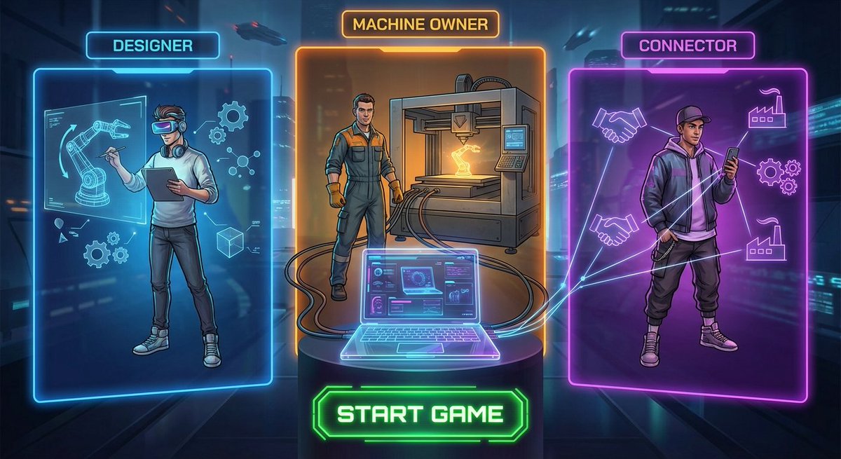 crazy part about 3DOS is you can be 3 different people with the same laptop: the one who designs the part, the one who owns the machine, or the one who just connects everyone and takes a cut. pick a character and hit start game