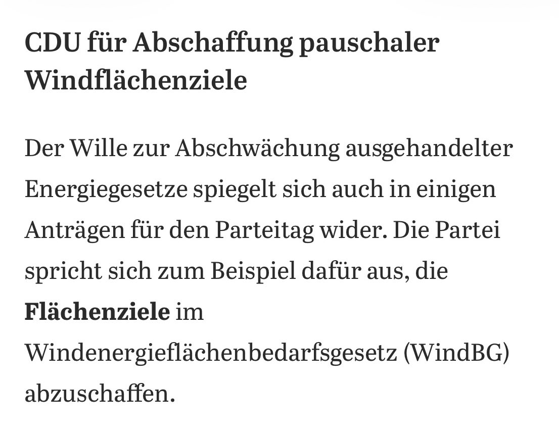 🚨 Nächster Angriff auf die Energiewende!

Jetzt geht die <a href="/CDU/">CDU Deutschlands</a> der Windkraft an den Kragen.

Damit mehr Gas verbrannt wird, will die CDU für Windenergie maximale Unsicherheit!

Es reicht! Wir müssen weg von Trump und Putin Gas. Unabhängigkeit gibt’s nur mit den Erneuerbaren!