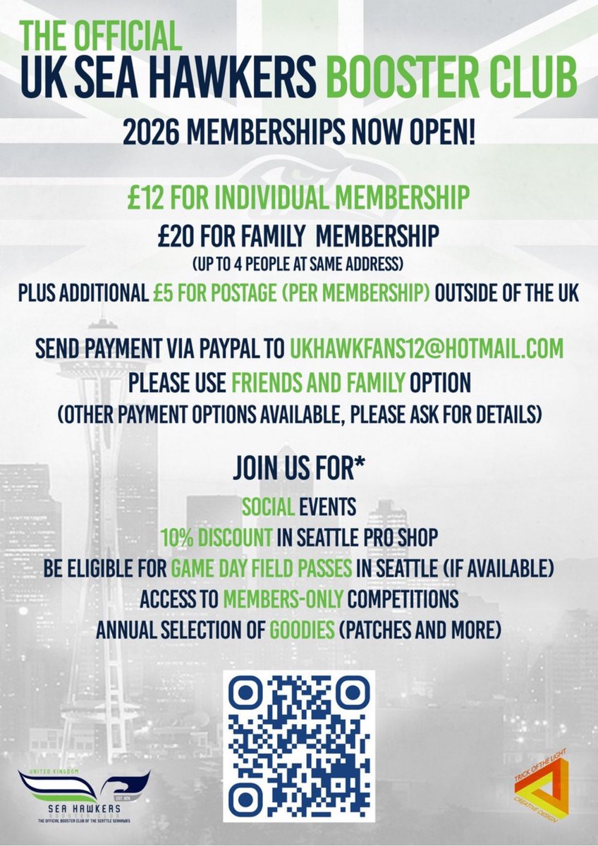 12’s! If you’re looking to join the <a href="/UKSeahawkers/">Seattle Seahawks UK</a> there is no better time than now! 
Scan the QR, pay £12 (PayPal Friends &amp; Family), put your name and address in the comments and you are in! Your annual goodies will be sent and you can us &amp; the UK Seahawkers at our next annual
