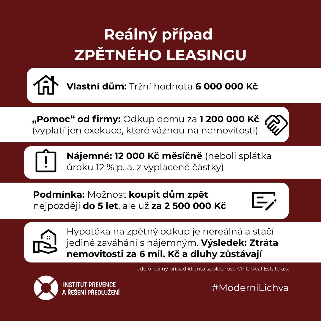 ⚠️ Konsolidace dluhů se záchranou bydlení? ZPĚTNÝ LEASING často jen prohloubí zadlužení a záchrana se nekoná

Zní to jako chytré řešení: vyplatíme dluhy, zůstanete bydlet, nemovitost si později koupíte zpět.
🚿 Realita ale často končí rychlou ztrátou střechy nad hlavou. Dluhy