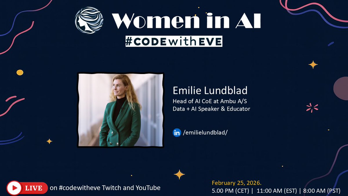 EvePardi's tweet photo. 🚀Women in AI – #CodeWithEve🚀
@EmilieLundblad entered consultancy 12 yrs ago from a non‑tech background. Today she’s teaching, keynoting, and driving AI adoption. 🔥

🎙️ Join us LIVE:
📺 YouTube: https://t.co/tdTsD8EIV2
🎮 Twitch: https://t.co/ZwRg5tNtqf

#WomenInAI #AI #MVPBuzz https://t.co/IdgqWl9fon