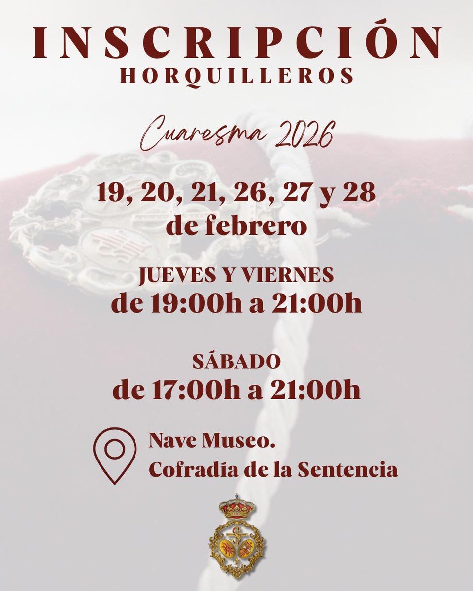 [TALLA E INSCRIPCIONES 2026]

Animamos a todos los hermanos y devotos que deseen acompañar a nuestro Sagrado Titular en la próxima estación de penitencia a acudir en las fechas indicadas para formalizar su inscripción.

#GratiaPlena