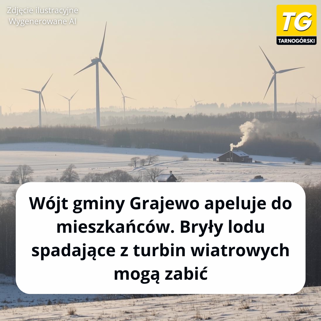 "Zwracamy się z prośbą o zachowanie szczególnej ostrożności w trakcie przebywania w okolicach turbin wiatrowych. Łopaty turbin są oblodzone, zatem istnieje prawdopodobieństwo osunięcia się dużych brył lodu." - czytamu na stronie Urzędu Gminy Grajewo. 

"Odłamki lodu mogą być