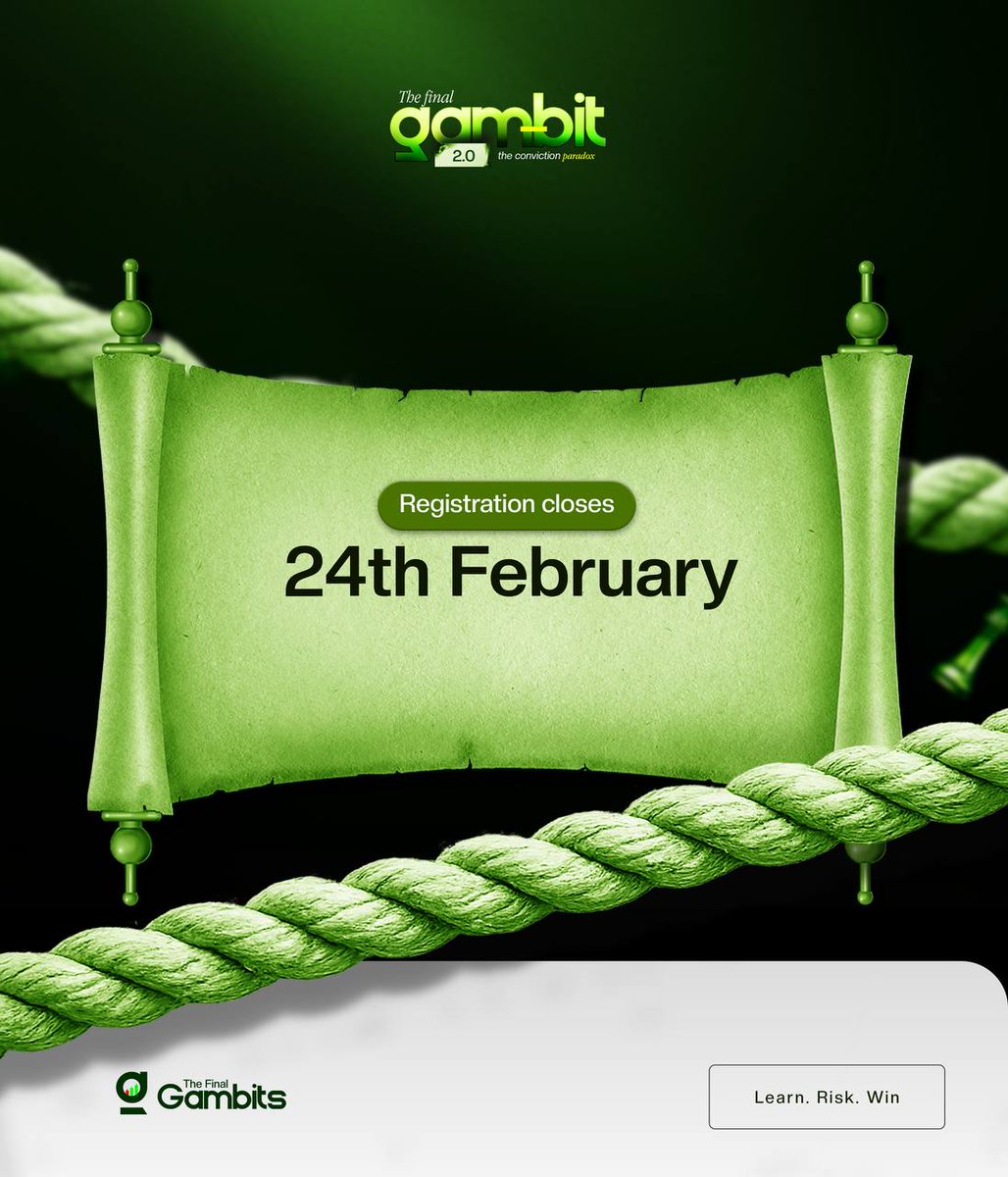 Registration for Final Gambit ends on February 24th

If you have registered before now, you can start checking your emails the second set of invite links have been sent to all registered students

Check our pinned tweet for a guide on how to register 

#TheFinalGambit is coming..