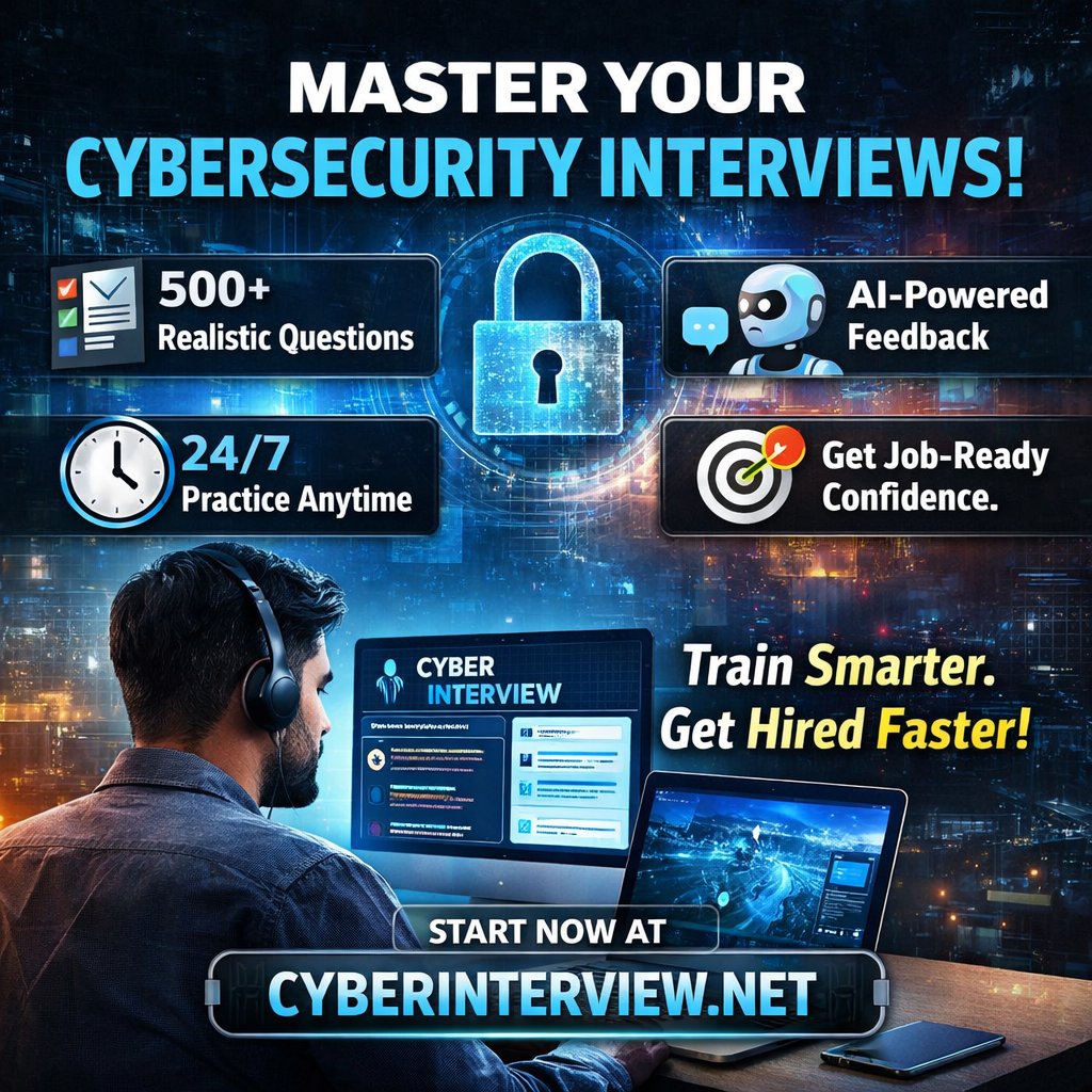 InfoSec4tc's tweet photo. 🎯 Want to stand out in your next cybersecurity interview?

🔹 500+ realistic interview questions
🔹 AI coaching that improves your answers
🔹 24/7 practice anytime, anywhere
🔹 Designed to make you job-ready

👉 Start your journey now: https://t.co/24yLEYlomL https://t.co/iMEcFHvOZN