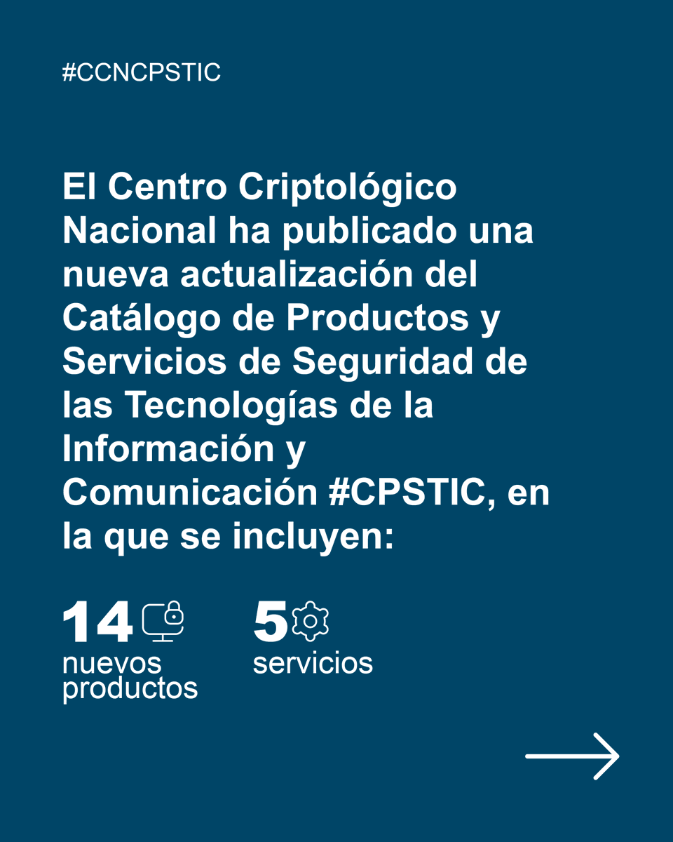 CCNCERT's tweet image. El #CCN publica la actualización de febrero del Catálogo #CPSTIC
 
 ➡️ Añadidos 14 productos y 5 servicios nuevos
 ➡️ El catálogo reúne 396 productos y 93 servicios
 ➡️ Garantías de seguridad contrastadas
 
 📘Disponible online y en la Guía CCN-STIC 105
ccn-cert.cni.es/es/seguridad-a…