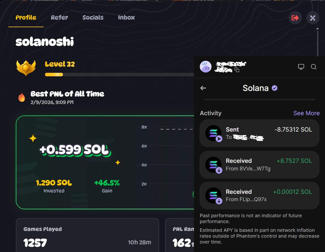 solanoshi's tweet photo. I missed a few updates, because I was grinding on the phone last 2 days. However, now I'm after 1258 games. 
Total profit is +1075%, so I made it 😇. 
The 0.1 to 10 SOL challange is finished 💪.
I left 2 SOL to play in my spare time, and I'm taking the rest as profit, because now it worked out, but it's easy to lose everything. Remeber, play it safe and take profits.
But that's not the end of the adventure with https://t.co/yuF2keC9xV, there will be an update soon.