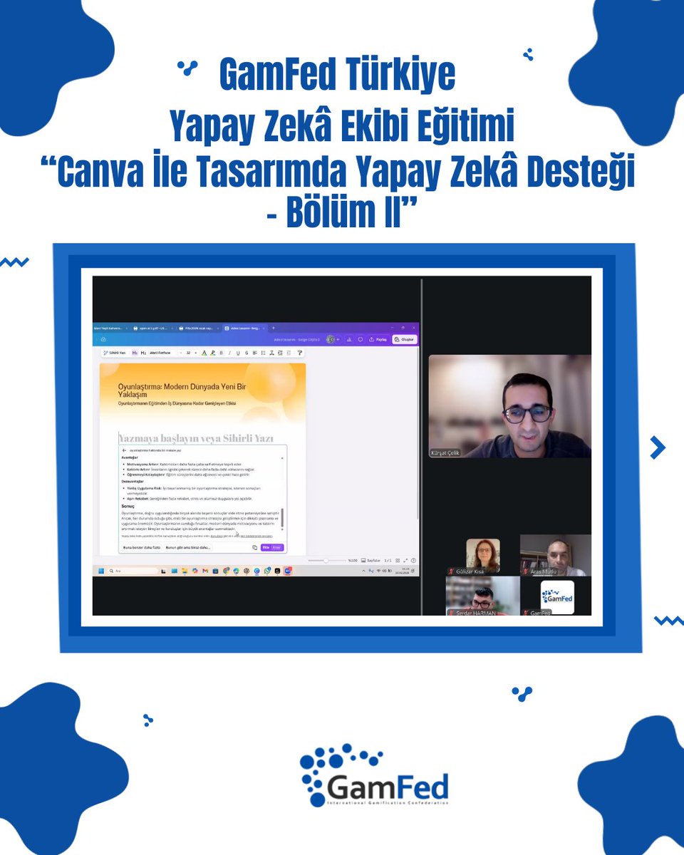GamfedTurkiye's tweet photo. 🎨✨ Canva ile Tasarımda Yapay Zekâ Desteği Eğitimi Gerçekleşti!
GamFed Türkiye Yapay Zekâ Ekibimizin düzenlediği “Canva ile Tasarımda Yapay Zekâ Desteği” eğitiminin ikinci buluşmasını büyük bir ilgi ile gerçekleştirdik.
#YapayZeka #Canva #Tasarım #AI #GamFed #ÜretkenYapayZeka https://t.co/d7uIAkdtmu
