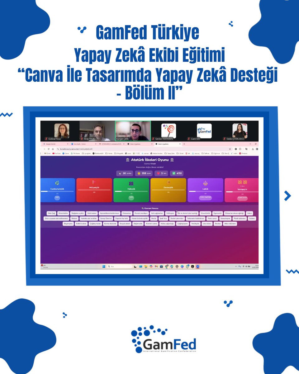 GamfedTurkiye's tweet photo. 🎨✨ Canva ile Tasarımda Yapay Zekâ Desteği Eğitimi Gerçekleşti!
GamFed Türkiye Yapay Zekâ Ekibimizin düzenlediği “Canva ile Tasarımda Yapay Zekâ Desteği” eğitiminin ikinci buluşmasını büyük bir ilgi ile gerçekleştirdik.
#YapayZeka #Canva #Tasarım #AI #GamFed #ÜretkenYapayZeka https://t.co/d7uIAkdtmu