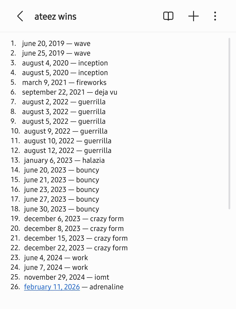 yeovation's tweet photo. full updated list 😭🫶🏽
#Adrenaline1stWin #ATEEZ26thWin https://t.co/g0jrqsq4Kt