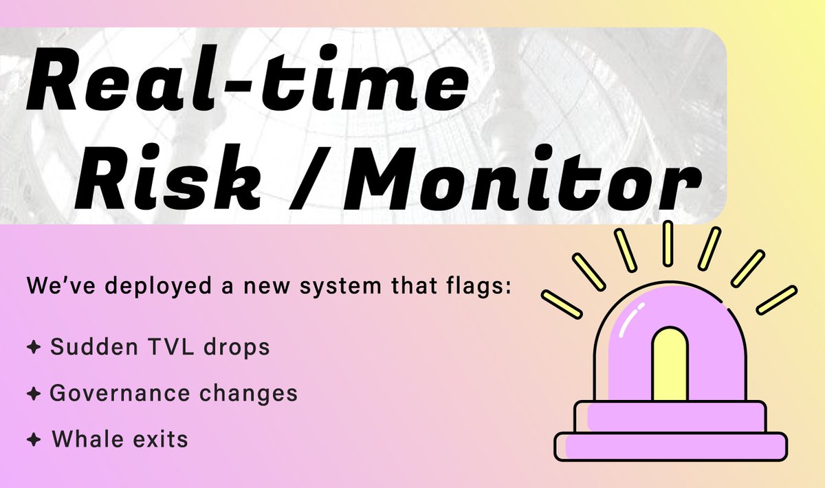 YieldMind_'s tweet image. 🚨 Real-time Risk Monitor
We’ve deployed a new system that flags:
• Sudden TVL drops
• Governance changes
• Whale exits
More than alerts—it reacts.
#OnChainSecurity #DeFiDefense #YieldMind