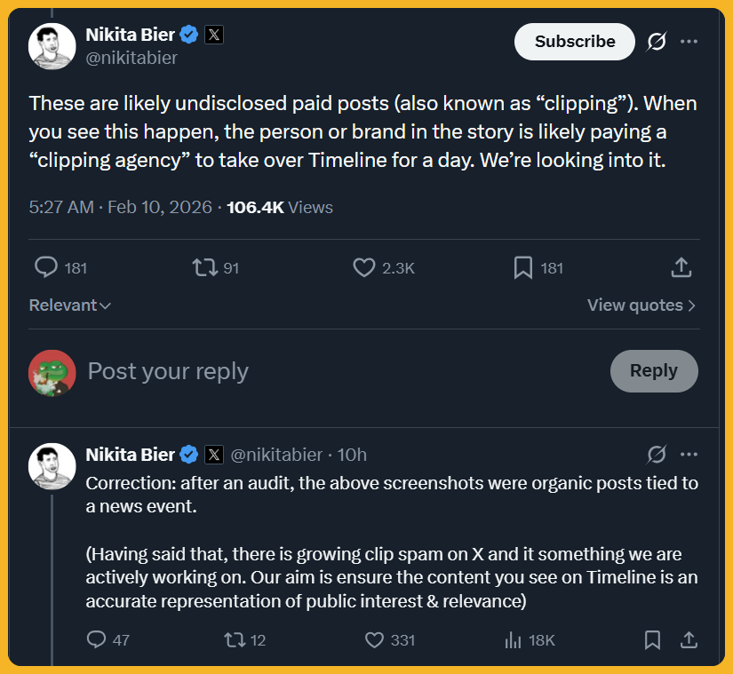 nikita destroyed the

> infofi industry
> CT creators X payouts
> reply guys small business

now he plans to kick the clipping niche, too.

i think he got someone who is deep in the CT who informs him with everything.

a busy guy like him, who's deep into the tech or backend