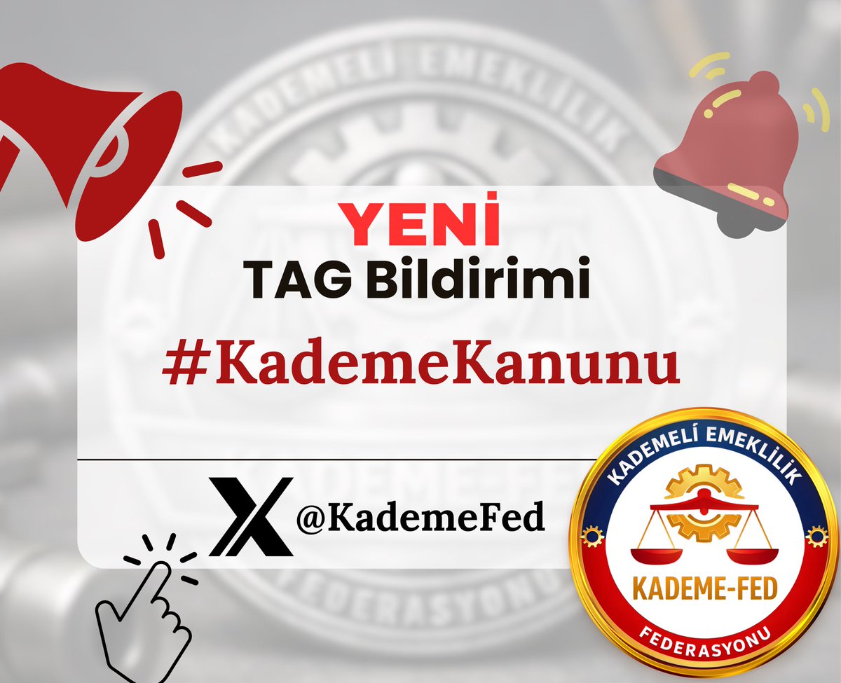 🔔🔔 TAG DUYURUSU 🔔🔔

📢 #KademeKanunu 

⚖️ Adalet için…
📅 Doğum yılı esaslı sistem için…
📊 Prim esaslı, sürdürülebilir çözüm için…
🤝 Nesiller arası eşitlik için…

Kademeli Emeklilik Federasyonu olarak bir kez daha güçlü ve kararlı şekilde ses veriyoruz!

⏳ 1 günle, 1