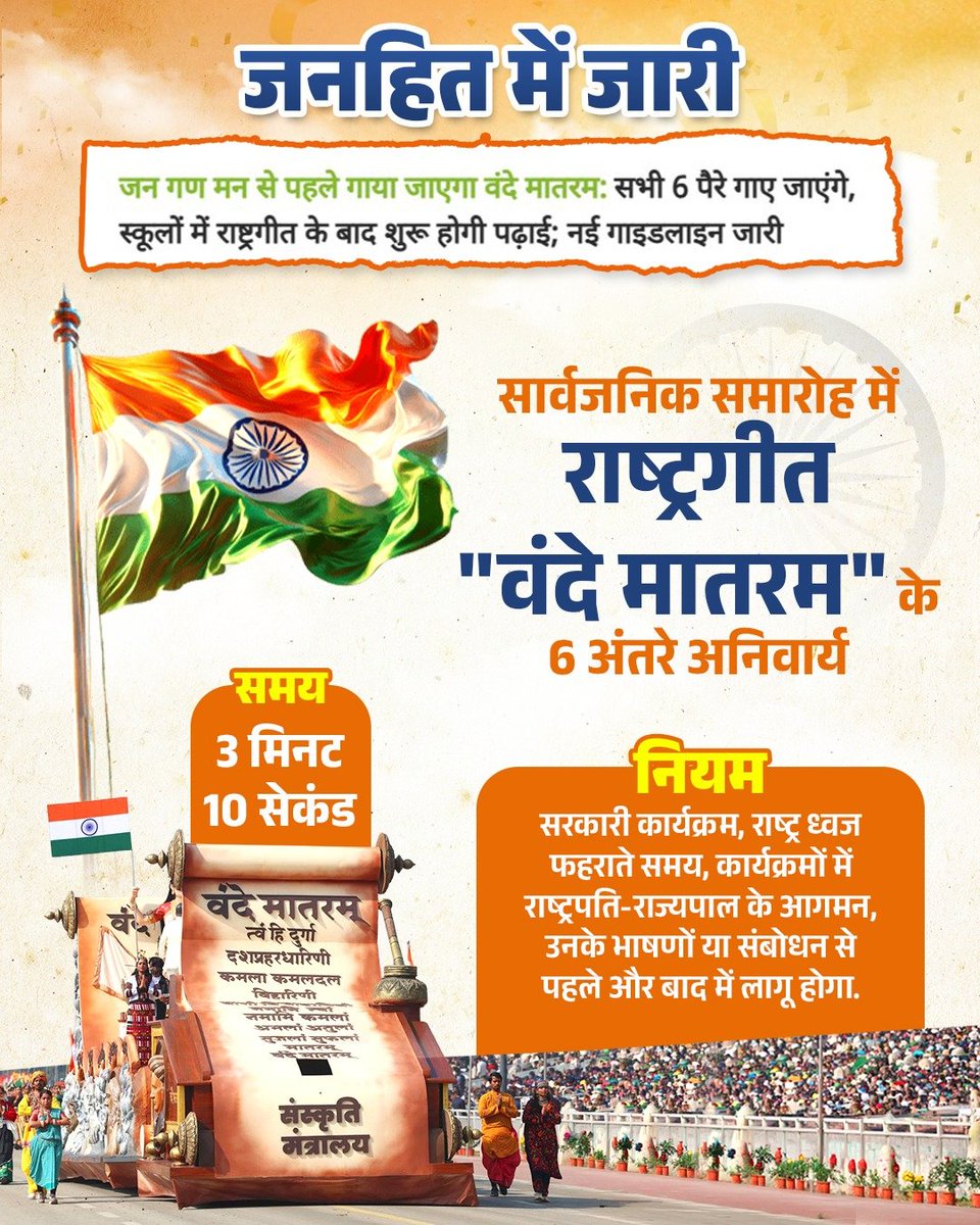 'वंदे मातरम्’ को लेकर केंद्र सरकार द्वारा जारी नए दिशानिर्देश राष्ट्रभक्ति की भावना को और अधिक सशक्त करने की दिशा में ऐतिहासिक निर्णय है!

सरकारी कार्यक्रमों और विद्यालयों में इसका सम्मानपूर्वक गायन हमारी सांस्कृतिक चेतना और राष्ट्रीय एकता का प्रतीक बनेगा। यह कदम नई पीढ़ी में