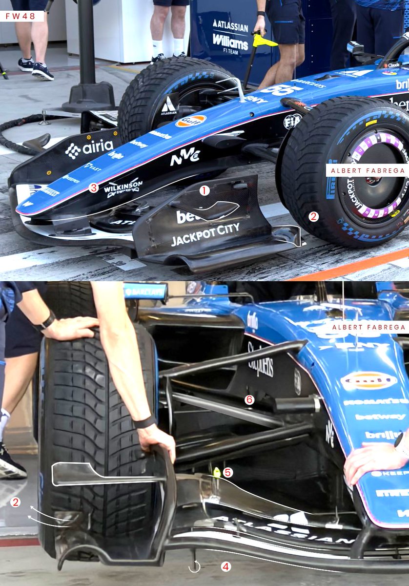 FW48 - front wing

1. Notes the FWEP diveplane geometry. Inboard of the cranked outer section its more of a stay than a diveplane. It seems creating a lot upwash ahead of the front tyre isn't a desirable solution given the teams who run the DP don't crank it much on the inboard