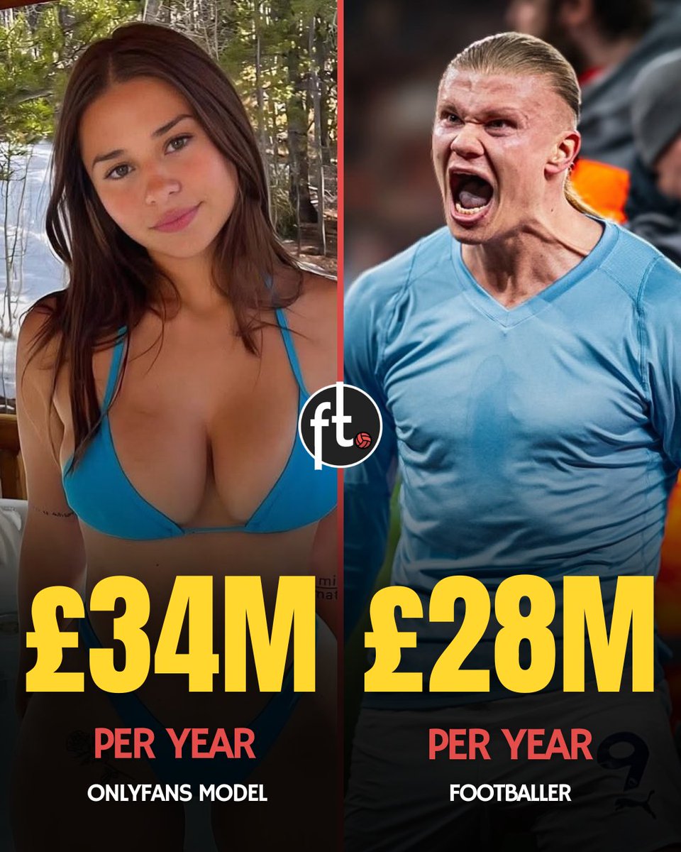Footballtweet's tweet image. 🤑 Erling Haaland’s annual salary at Manchester City: £28 million

💵 Sophie Rain’s annual salary on Only: £34 million

One is a world-class footballer and the other is an adult content model. 😳🤯

ABSOLUTE MADNESS. 🇺🇸🇳🇴🤯