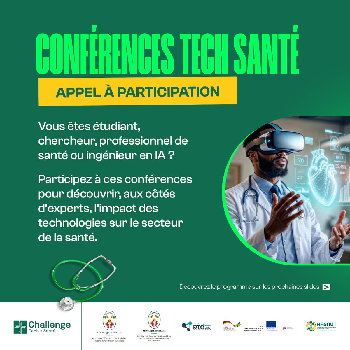 Togodatalab's tweet photo. Vous ĂȘtes passionnĂ© par les solutions digitales appliquĂ©es Ă la santĂ© ?
Participez aux conférences Tech & Santé, du 20 février au 14 mars 2026.
đ Inscrivez-vous dĂšs maintenant : https://t.co/7oVyegFhcL
#MESPTN #MSHPCSUA #ChallengeTechSanté #TogoDataLab #ATD #InnovationSanté https://t.co/c8rnolvRQ3