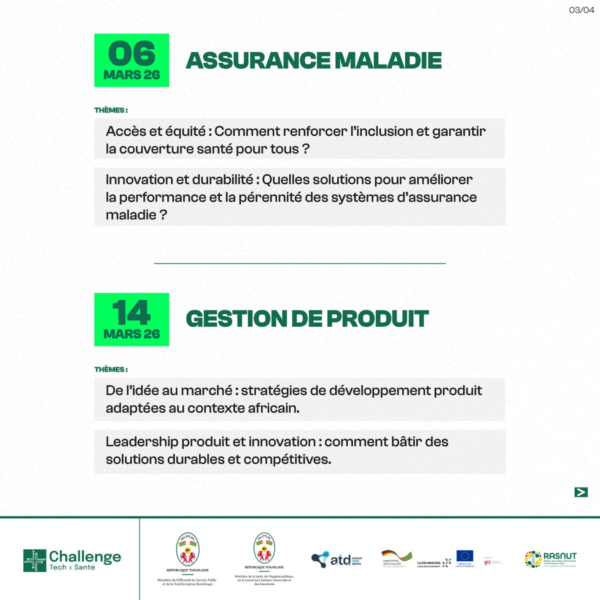 Togodatalab's tweet photo. Vous ĂȘtes passionnĂ© par les solutions digitales appliquĂ©es Ă la santĂ© ?
Participez aux conférences Tech & Santé, du 20 février au 14 mars 2026.
đ Inscrivez-vous dĂšs maintenant : https://t.co/7oVyegFhcL
#MESPTN #MSHPCSUA #ChallengeTechSanté #TogoDataLab #ATD #InnovationSanté https://t.co/c8rnolvRQ3