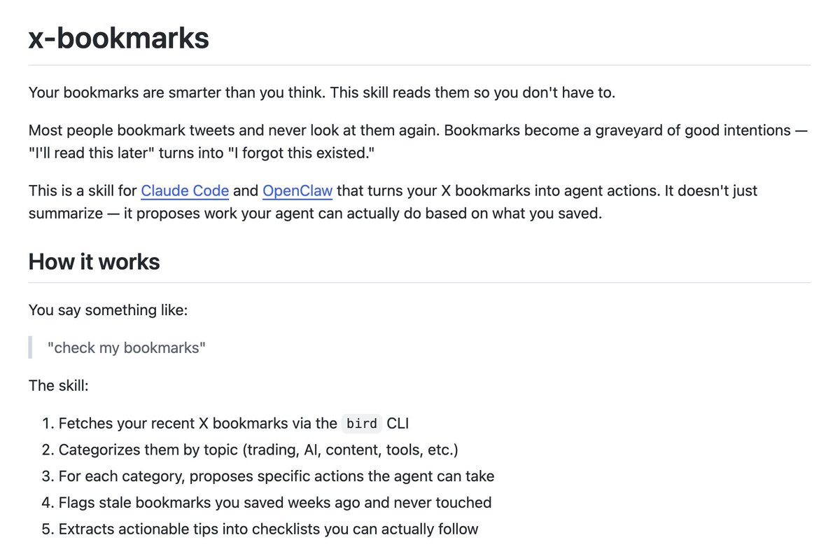 Most people bookmark tweets and never look at them again

So I built an openclaw skill that reads your bookmarks and tells your agent what to actually do with them

It categorizes everything, extracts actions, and proposes work it can start on right now

github.com/sharbelxyz/x-b…