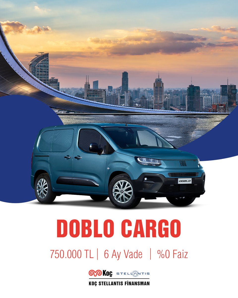 Gün batımına karşı, şehir seninle.
Doblo Cargo, günün her saatine uyum sağlar.

#KoçStellantisFinansman #TaşıtKredisi #Fiat #DobloCargo