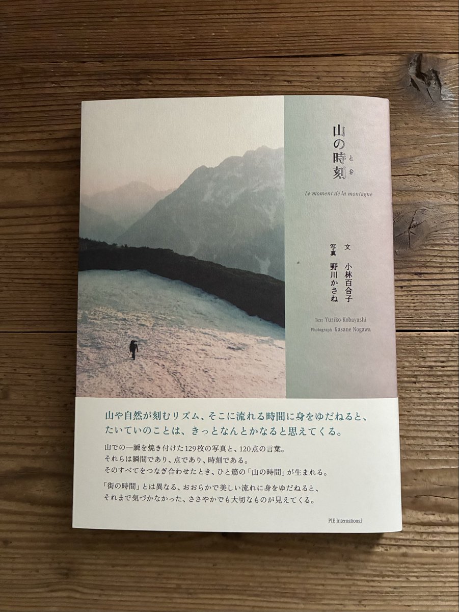 『山の時刻（とき）』（小林百合子文、野川かさね写真、パイインターナショナル発行）。
長年、山歩きをしてきた野川さんと小林さん。たくさんの山の写真、そこからインスピレーションを得て、四季折々の山にまつわる言葉と散文を収録。山に流れる時間がギュッと詰まった本。aoyorusora.thebase.in