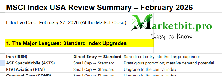 terem18470's tweet photo. 📢MSCI USA – February 2026 Review (Summary)

Effective: Feb 27 (at the close)

🔼 Direct Entry to Standard: $IREN
🔼 Small → Standard: $ASTS $FTAI $COHR $CASY $LITE $RVMD $CW

#MSCI #Rebalance #IndexUpdate #ETFs https://t.co/NRIV7x1x6x