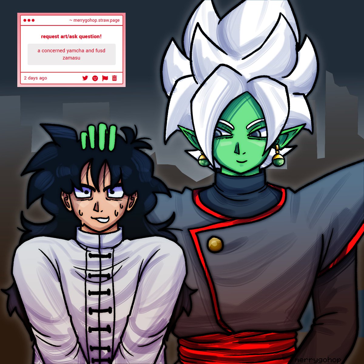 a concerned yamcha and fused zamasu