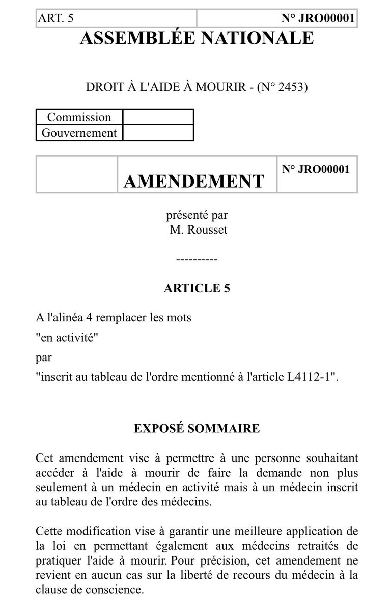 Le député <a href="/Renaissance/">Renaissance</a> (Aveyron …) favorable à la légalisation de l’euthanasie propose un amendement qui permettrait aux médecins retraités (apparemment c’est son cas) de revenir en activité non pour soigner des malades confrontés au manque de médecins… mais pour euthanasier.