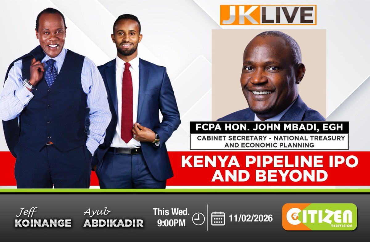 citizentvkenya's tweet image. Tonight on #JKLive, @KoinangeJeff and @AyubAbdikadir host National Treasury and Economic Planning CS John Mbadi on the Kenya Pipeline Initial Public Offer (IPO)

Send in your views/questions on the Kenya Pipeline IPO