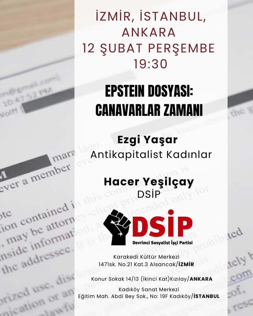 Herkesin katılımına açık olan haftalık toplantılarımız bu kez ortak toplantıyla devam ediyor.

✊ 12 Şubat Perşembe:
➡️ Epstein Dosyası: Canavarlar Zamanı

Çözümü birlikte tartışalım, umudu birlikte örgütleyelim!