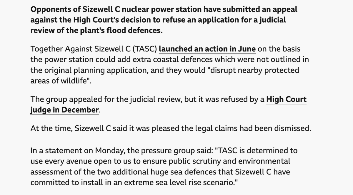 Sam_Dumitriu's tweet photo. This is the third legal challenge trying to stop Sizewell C.

Britain makes it too easy to delay infrastructure projects with lawfare. 

We need to make sure that organisations like Together Against Sizewell C bear the costs of their actions. https://t.co/FPnFJXl4vp
