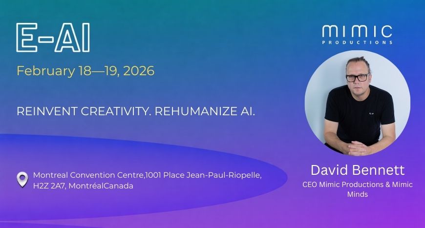 mimicproduction's tweet photo. We are heading to E-AI 2026 in Montréal (18–19 Feb).
Our CEO @davidbennett_x  will be in Montréal 16–20 February, connecting with peers across AI, creative industries and interactive media.

If you’ll be in Montréal for E-AI, let’s connect.

#MimicProductions #Montreal https://t.co/ikVr7h2q1f