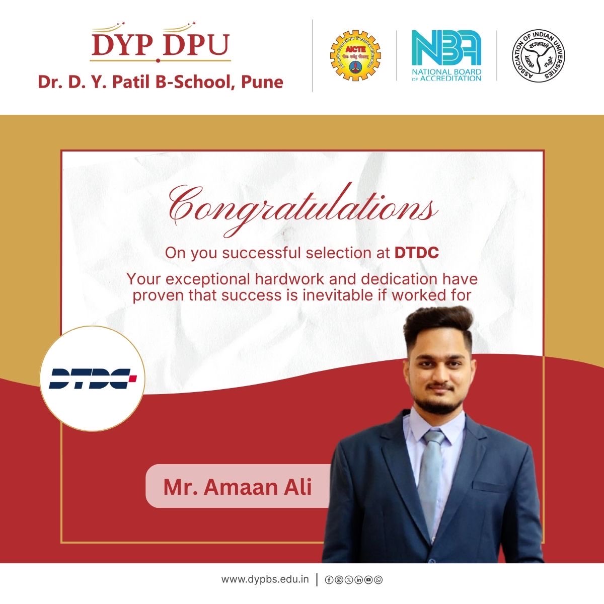 Huge congratulations to our students on securing placements at DTDC! Your hard work, creativity, and dedication have truly paid off. Wishing you all a bright and successful professional journey ahead!

#congratulations #placement #dypatil