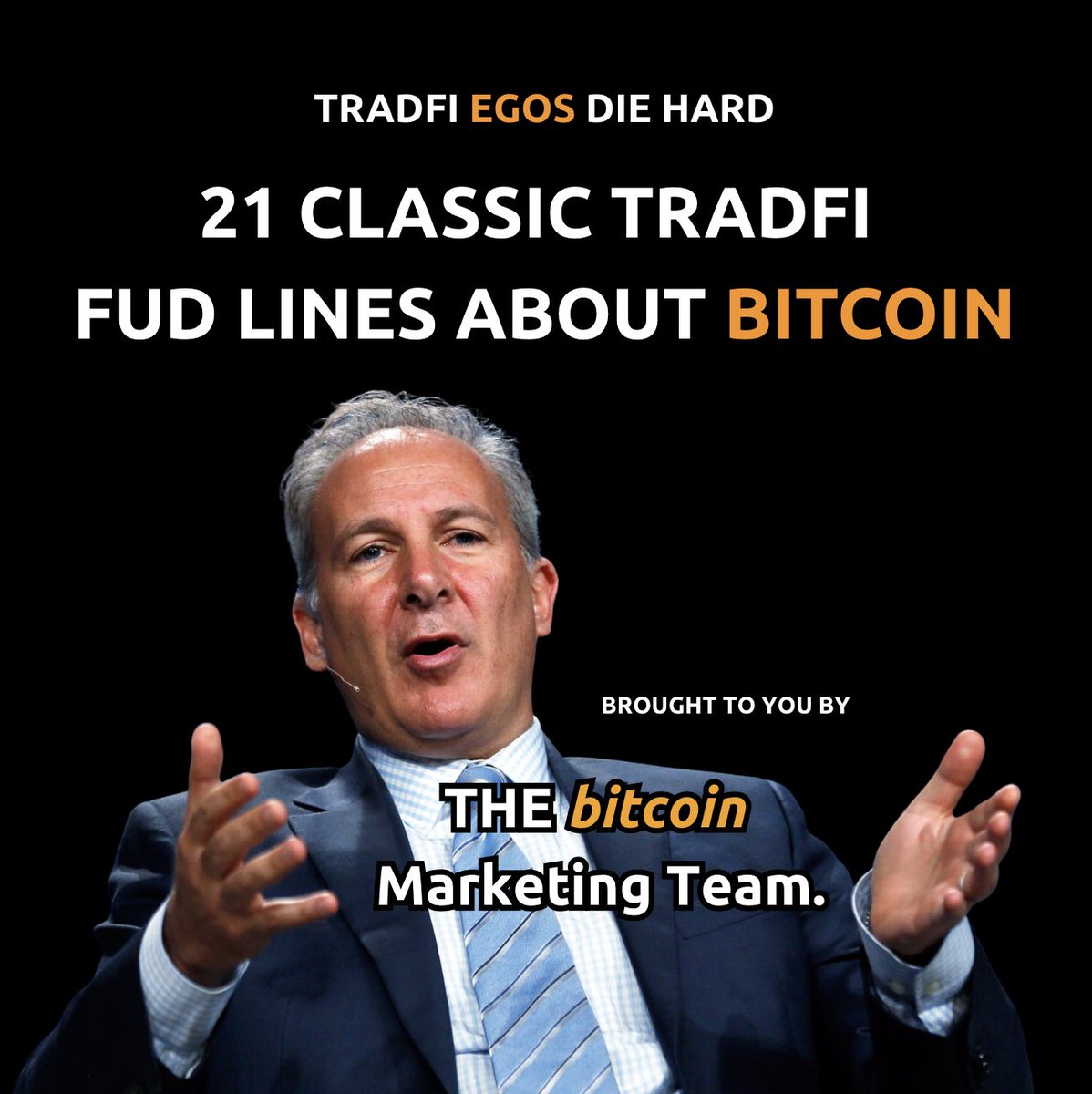 If you’ve spent more than 5 minutes in TradFi, you’ve heard all of these...

21 classic TradFi FUD lines about Bitcoin:

1. “It has no intrinsic value.”

2. “It’s backed by nothing.”

3. “Governments will ban it.”

4. “It’s only used by criminals.”

5. “It’s too volatile.”

6.